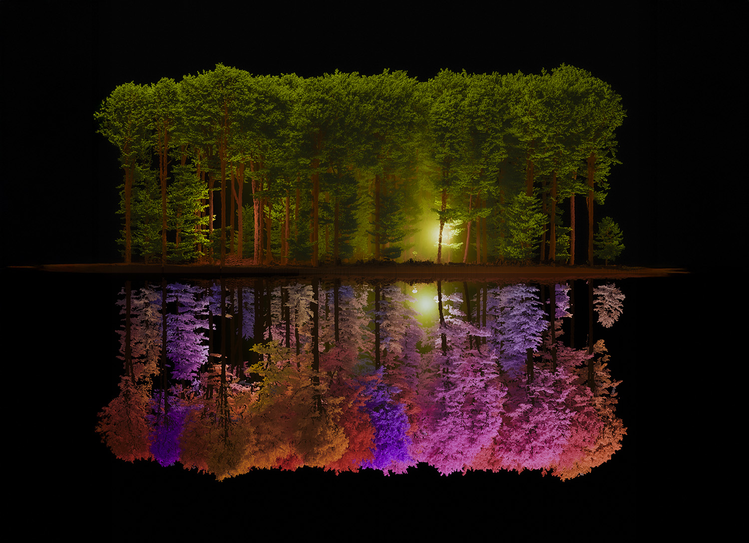 Stimmungsvolle 3D-Darstellung eines Waldes, der horizontal gespiegelt ist: oben in realistischen Grüntönen im Sonnenaufgang, unten in knalligem Pink, Blau, Orange und Rot