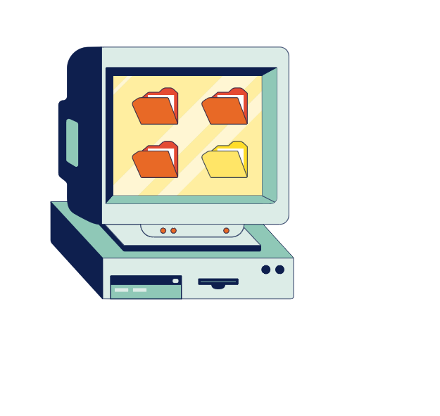 Illustration im Retro-Look eines alten Stand-PCs, auf dem verschiedene Ordner zu sehen sind