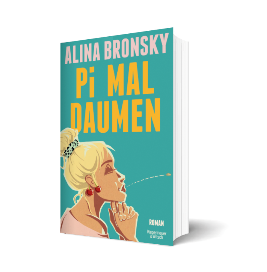 Abbildung des Buchs „Pi MAL Daumen“ mit einer Illustration einer jungen Frau, die Kirschen am Ohr hängen hat und einen Kirschkern spuckt. Seine Flugbahn ist nachgezeichnet.