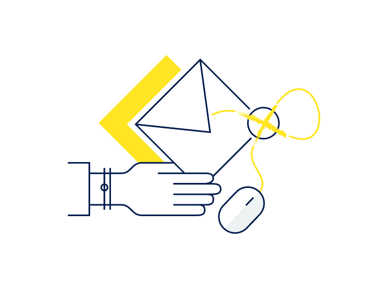 Illustration einer Hand, die nach einem Umschlag fasst, daneben eine Computermaus.