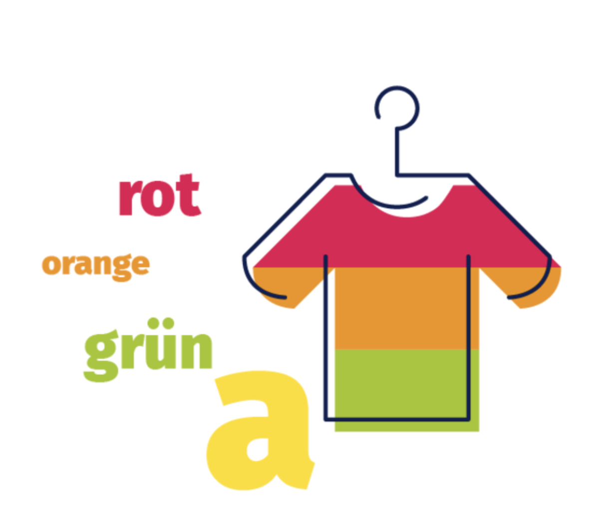 Das Bild zeigt ein Tshirt mit dem Buchstaben A. Das Shirt ist oben rot, mittig orange und unten grün. 