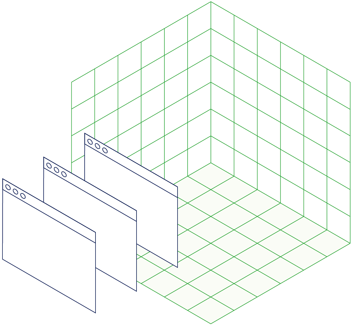 Ein Drahtmodell, das einen dreidimensionalen Raum illustriert, davor mehrere offene Browserfenster