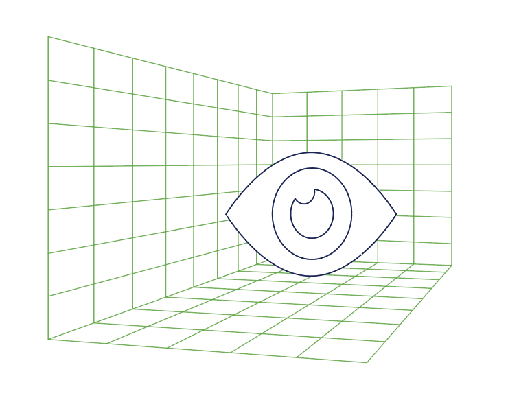 Ein Drahtmodell, das einen dreidimensionalen Raum illustriert, darin ein Auge
