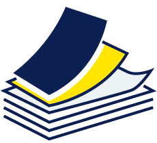 Illustration eines Stapels Dokumente mit einem dunkelblauen Deckblatt.