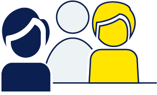 Illustration von drei Personen in Dunkelblau, Hellblau und Gelb.