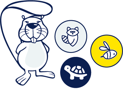 Illustration von einem Biber, daneben in Kreisen noch ein Waschbär, eine Biene und ein Waschbär
