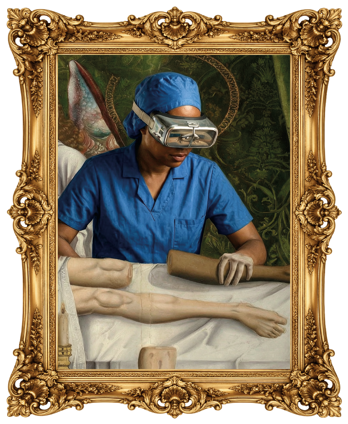 Ein historischer goldener Bilderrahmen mit opulenten Verzierungen, darin ein KI-generiertes, historisch anmutendes Gemälde von einer Ärztin in blauem Kittel und mit blauer OP-Kappe und einer futuristischen VR-Brille. Sie hält ein amputiertes Bein in der Hand und untersucht es.