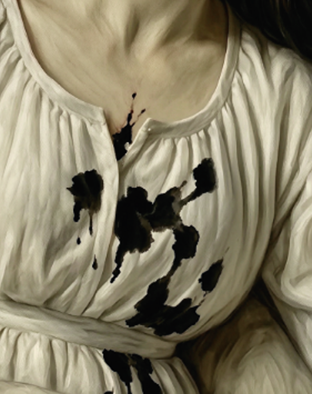 Ein KI-generiertes, historisch anmutendes Gemälde, das eine weibliche Person in einer Nahaufnahme zeigt. Sie trägt ein leinenartiges Kleid, auf dem Blutflecken zu sehen sind.