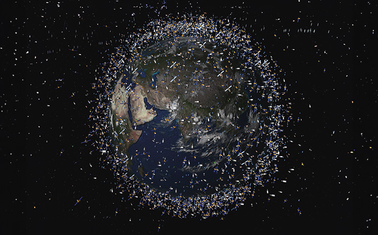 Der Blick vom Weltall auf die Erde, um die Tausende von Satelliten ringen