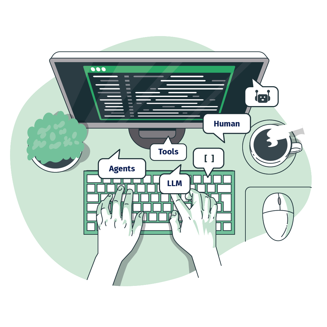 Comic-artige Darstellung eines Schreibtisches mit Tastatur, Maus, Bildschirm und Händen, die sie bedienen. Sprechblasen enthalten Begriffe wie „Agents“, „Tools“ und „Human“.
