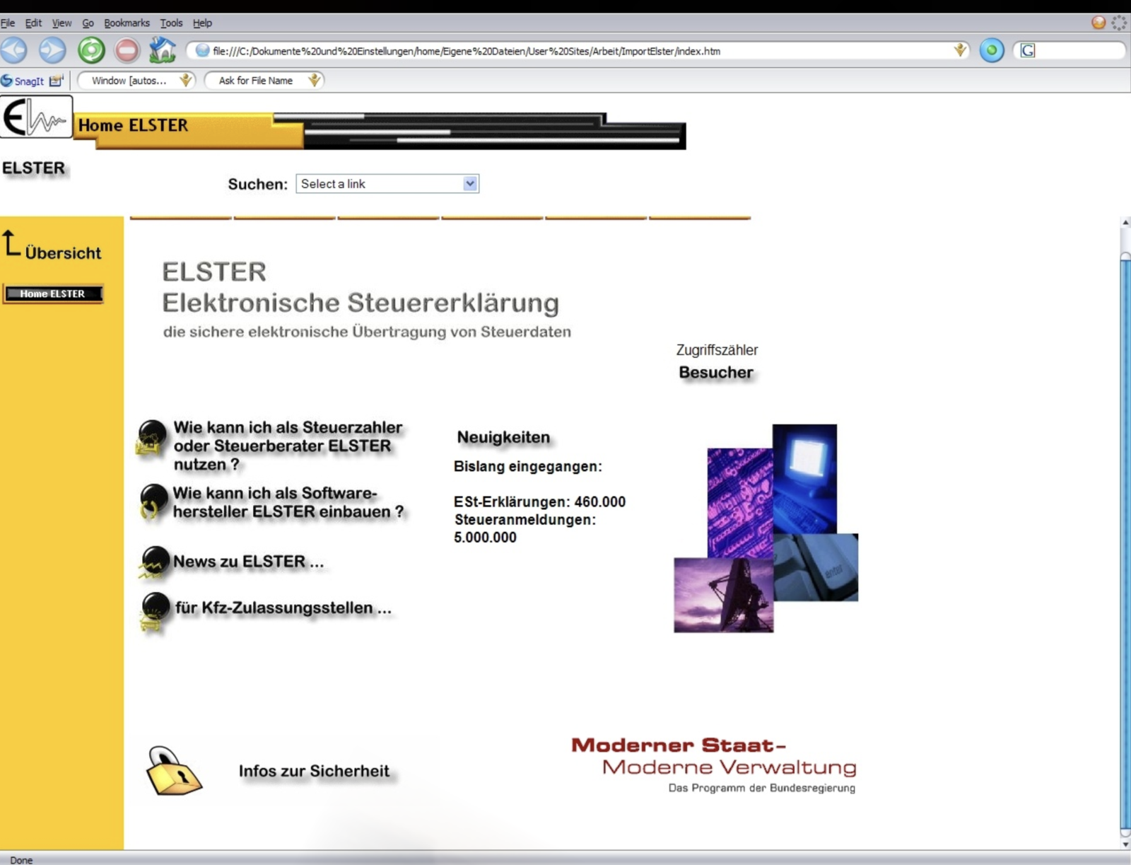 Ein weiterer Screenshot, der bereits etwas moderner wirkt, aber immer noch klar erkennbar aus den 90ern ist: Zu lesen sind unter anderem folgende Zahlen: „Bislang eingegangen: EST-erklärungen: 460.000, Steueranmeldungen: 5.000.000“