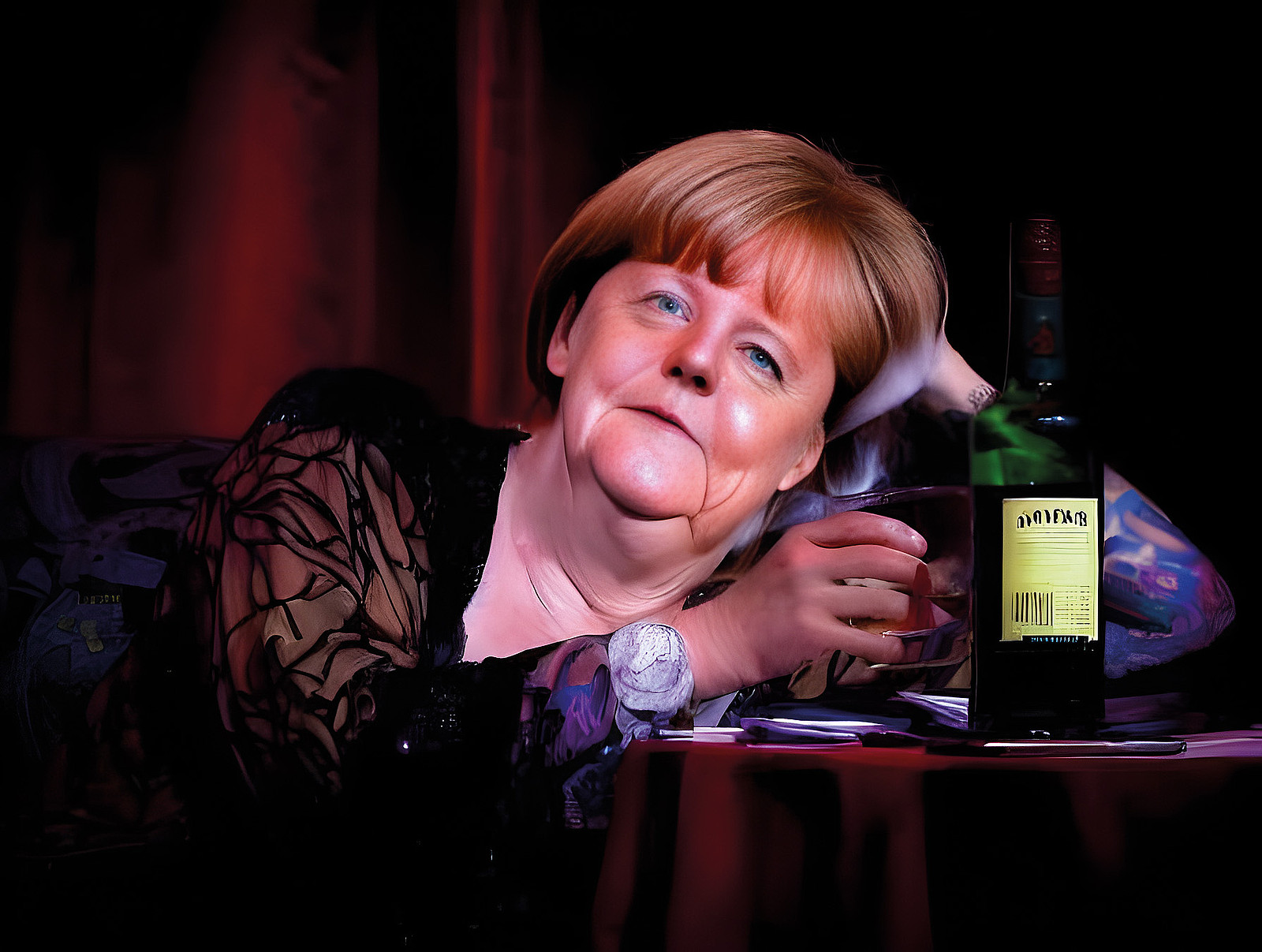 Dasselbe Motiv, aber diesmal mit dem Gesicht von Angela Merkel, das mit einem KI-Tool auf den Körper der Frau gesetzt wurde. Die Übergänge sind etwas holprig, aber beim schnellen Hinschauen könnte man durchaus getäuscht werden.