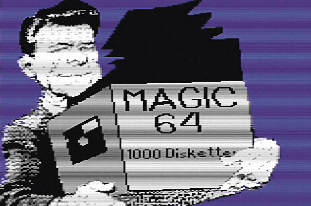 Eine Comicfigur in 8-Bit-Optik, die einen Karton trägt, auf dem eine Diskette abgebildet ist und die Worte „MAGIC 64, 1000 Disketten“.
