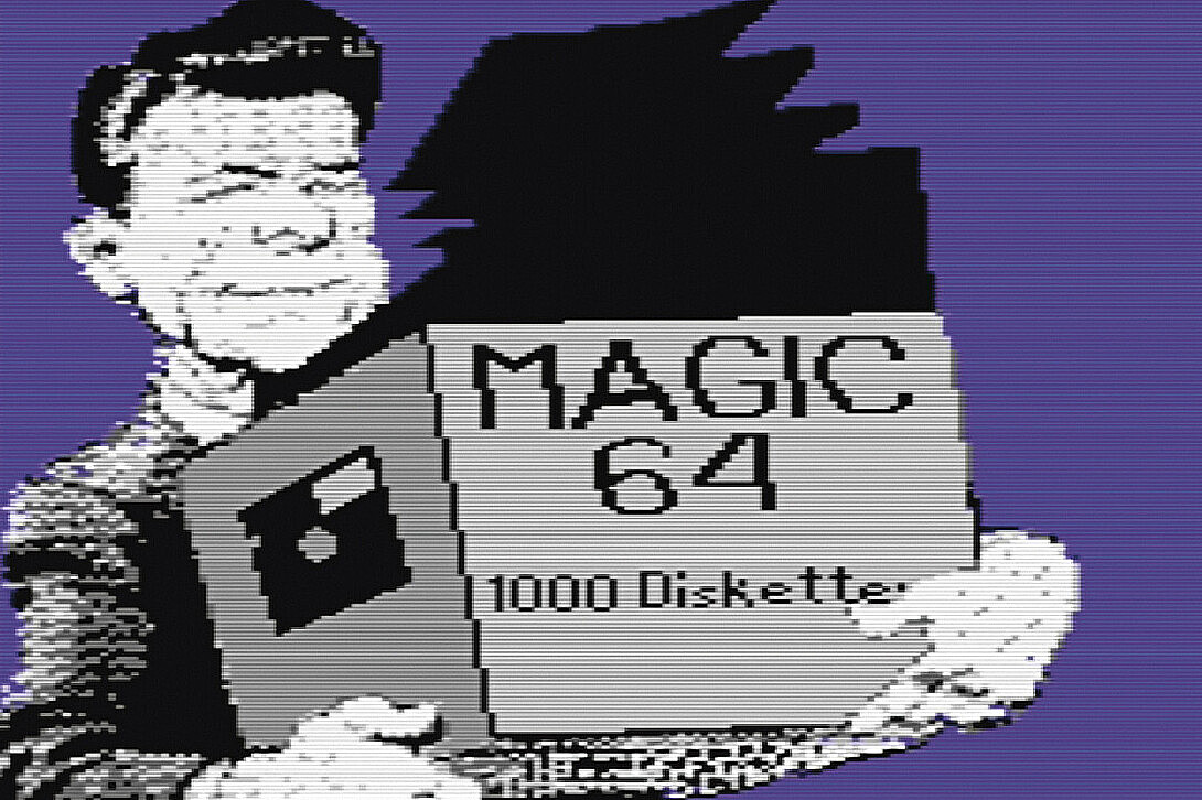 Eine Comicfigur in 8-Bit-Optik, die einen Karton trägt, auf dem eine Diskette abgebildet ist und die Worte „MAGIC 64, 1000 Disketten”.