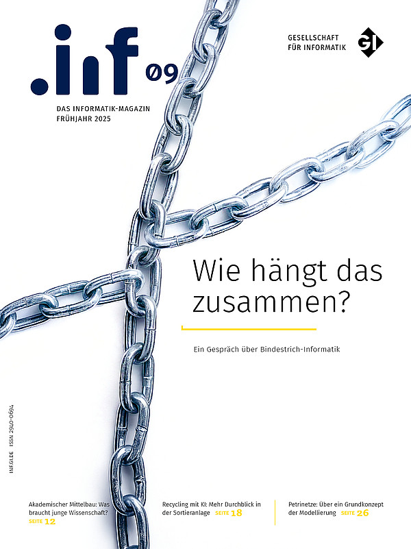 Titelseite der Ausgabe 9 des Informatik-Magazins. Eine Kette mit Kettengliedern rankt über das ganze Format mit dem Titel Wie hängt das zusammen?