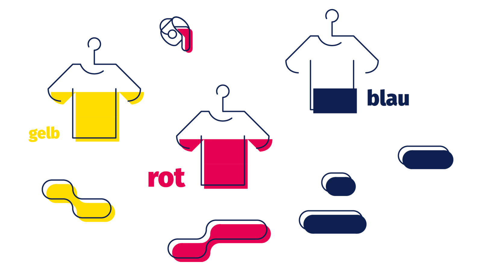 Illustration dreier T-Shirts und eines Farbtopfs: Das erste T-Shirt ist bis zu den Ärmeln gelb gefärbt, das zweite genauso in Rot, das dritte ist zum Bauch blau gefärbt.