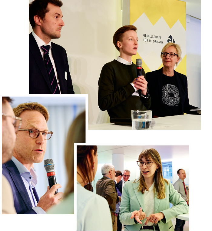Drei Fotos des Neujahrsempfangs der GI, zu sehen sind Politiker*innen im Gespräch mit den Gästen sowie auf der Bühne während einer Paneldiskussion, an der auch GI-Präsidentin Christine Regitz teilnahm. Sie trägt das Merch-Shirt der GI mit einer Grafik von Computerkünstler Frieder Nake.