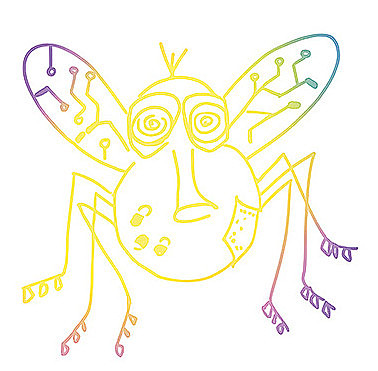 Verspielte Illustration einer Fliege, deren Flügel wie Leiterplatten aussehen