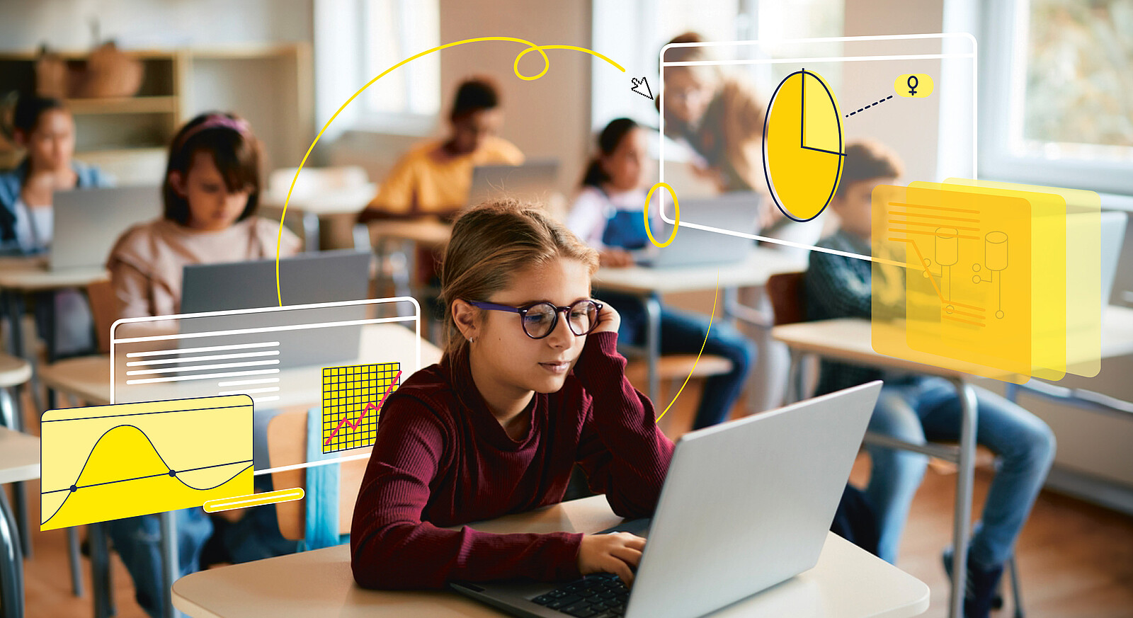 Eine Schulklasse mit mehreren Kindern an Laptops, im Vordergrund ein Mädchen. Illustrationen von Diagrammen wurden grafisch in das Foto integriert.