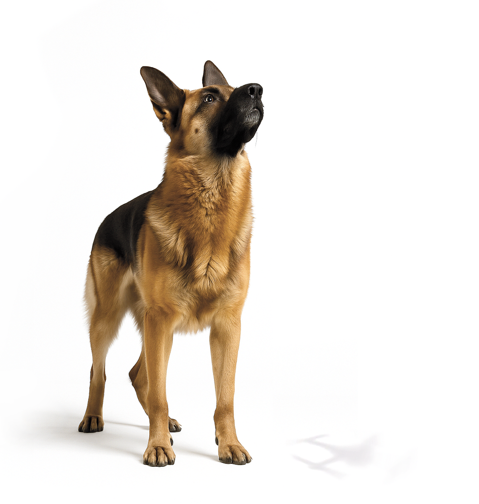 Ein Wachhund (Schäferhund) blickt aufmerksam nach oben. Neben ihm am Boden ist der Schatten einer Drohne zu sehen