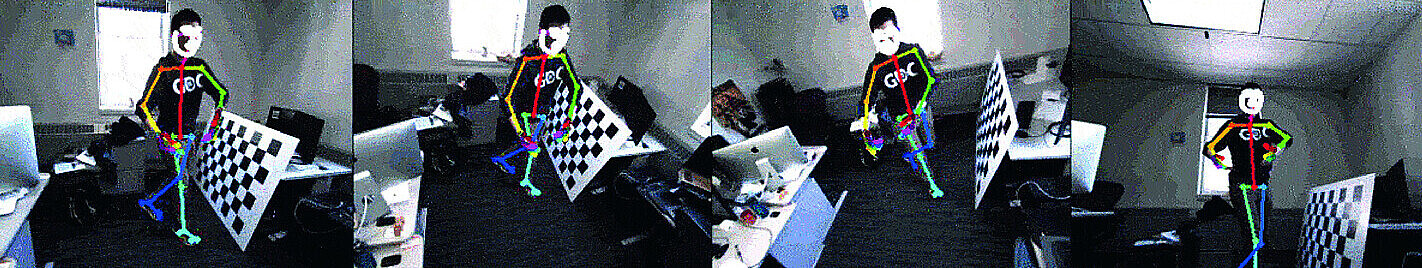 Drei Video-Aufnahmen eines Büroraums, in dem sich eine Person bewegt. Über die Person ist das digitale Skelett gelegt. Es sieht aus wie ein genaueres Strichmännchen, bei dem die verschiedenen Gliedmaßen bzw. Knochen in unterschiedlichen Farben dargestellt werden. Das Gesicht der Person ist nicht erkennbar.