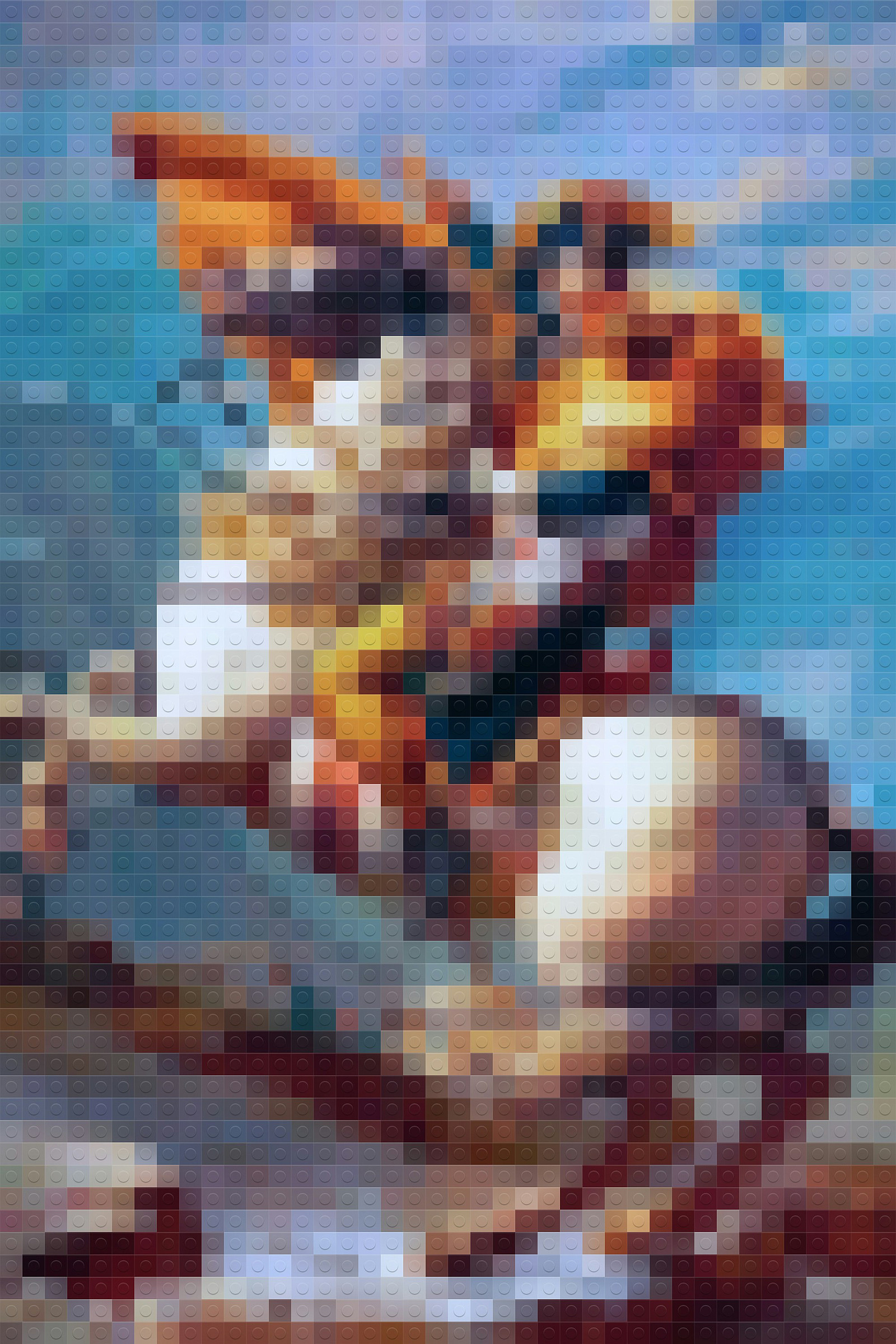 eine verpixelte Version eines historischen Gemäldes, auf dem ein Reiter auf einem Pferd sitzt, das die Vorderbeine in der Luft hat