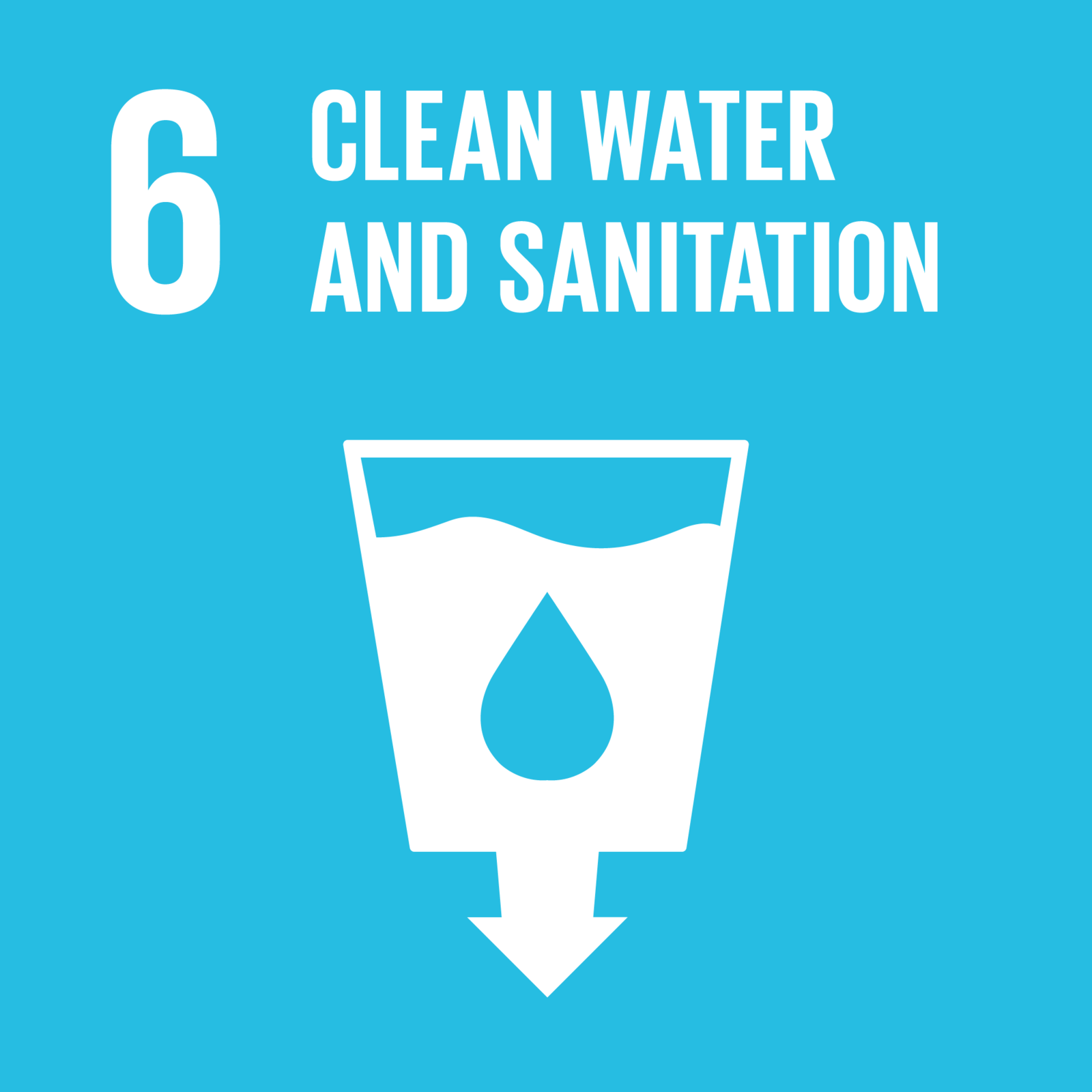 Icon des Nachhaltigkeitsziels 6 „Sauberes Wasser und Sanitäreinrichtungen“: Auf blauem Hintergrund sind die Zahl 6, der englische Titel „Clean Water and Sanitation“ sowie ein stilisiertes Glas Wasser mit einem Wassertropfen und einem nach unten gerichteten Pfeil zu sehen.