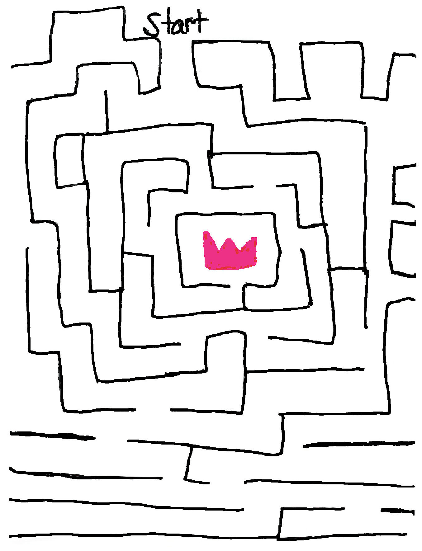 Kinderzeichnung eines Labyrinths, in der Mitte eine kleine pinke Krone