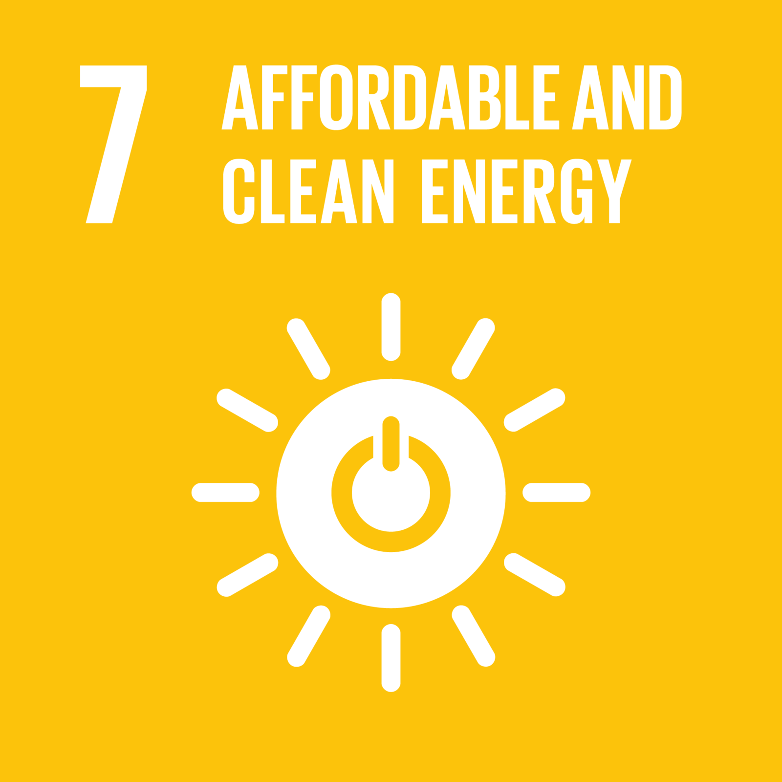 Icon des Nachhaltigkeitsziels 7 „Bezahlbare und saubere Energie“: Auf gelbem Hintergrund sind die Zahl 7, der englische Titel „Affordable and Clean Energy“ sowie ein stilisiertes Sonnensymbol mit einem Ein-/Aus-Schalter in der Mitte zu sehen.