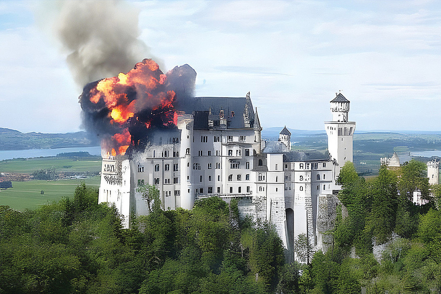 Dieselbe Fotografie von Schloss Neuschwanstein, aber mit einem KI-Tool so bearbeitet, dass es aussieht, als stehe das Schloss in Flammen