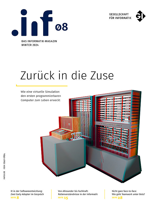 Eine Abbildung der Zuse Z3, bei der rote und blaue Flächen übereinanderliegen, sodass sie einen dreidimensionalen Effekt hat