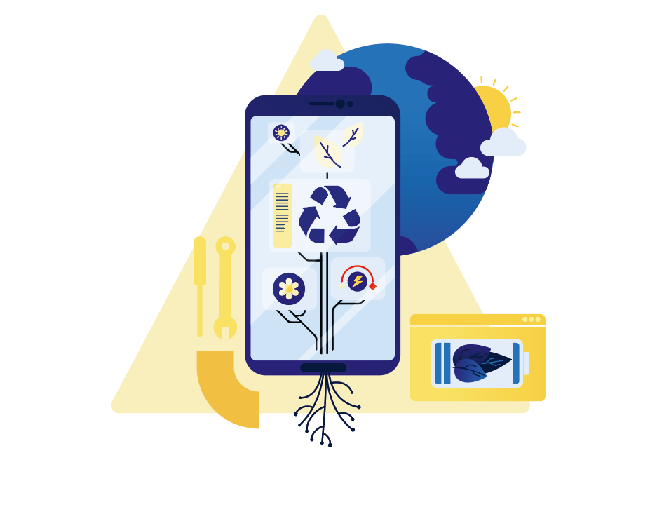 Illustration mit vielen verschiedenen Elementen: im Zentrum ein Smartphone, auf dessen Screen das Recycling-Symbol sowie Blätter, Blumen und ein Blitz erscheinen. Im Hintergrund eine Weltkugel und Werkzeug.