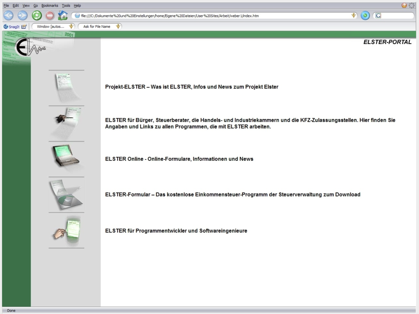 Screenshot aus 2001: Unter anderem zu lesen sind „Stimmen zu Elster“: Computerwoche 02/04: „ElsterOnline bietet einfache Bedienung und schnelle Performance“