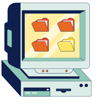 Illustration im Retro-Look eines alten Stand-PCs, auf dem verschiedene Ordner zu sehen sind