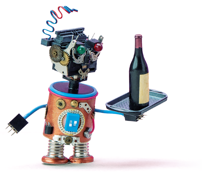 Fotorealistische Grafik eines Roboters: Er ist aus bunten und asymmetrischen Teilen zusammengebaut und trägt ein Tablett mit einer Weinflasche 