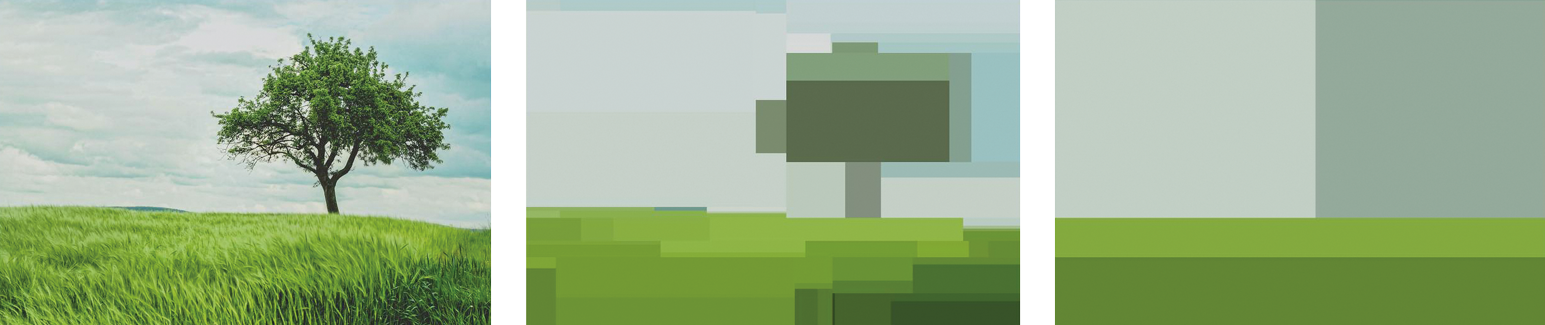 Eine dreiteilige Bilderserie: auf dem ersten ist ein gut aufgelöstes Bild von einem Baum auf einem grünen Feld vor blauem Himmel zu sehen, auf dem zweiten Bild ist das gleiche Motiv stark verpixelt, auf dem dritten wird es nur noch durch vier unterschiedliche Farbflächen dargestellt
