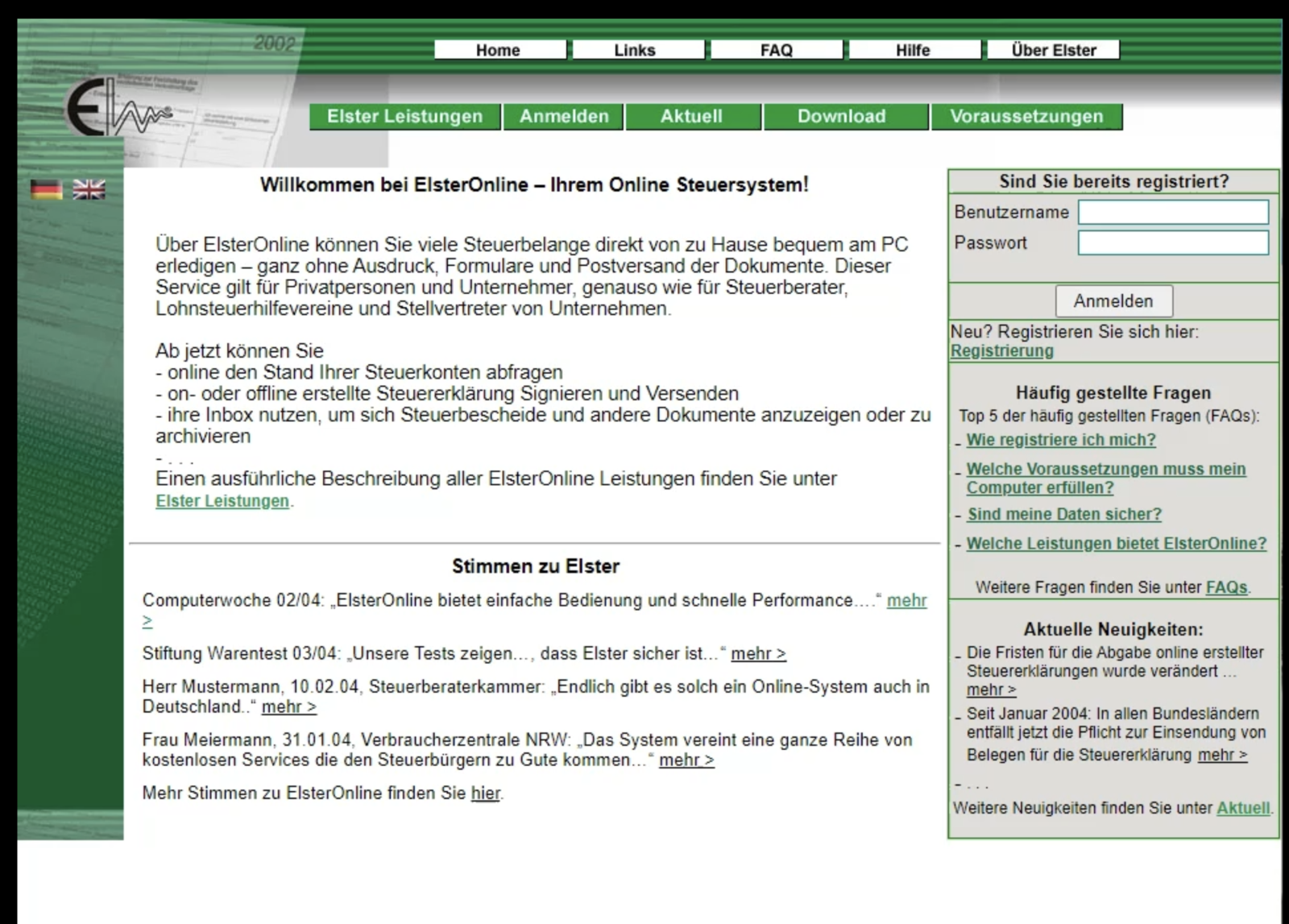 Screenshot aus 2002: Unter anderem zu lesen sind Stiftung Warentest 03/04: „Unsere Tests zeigen… dass Elster sicher ist“; Herr Mustermann, 10.02.04, Steuerberaterkammer: „Endlich gibt es solch ein Online-System auch in Deutschland“
