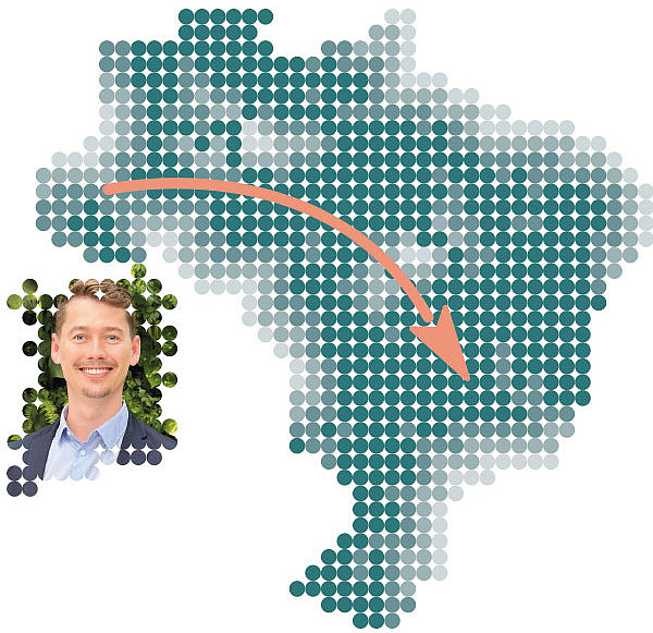 Eine Illustration der Landkarte Brasiliens, sowie ein Porträt von Dr. Dimaghi Schwamback