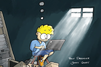 nœrdman-Zeichnung des Titelcharakters, der enthusiastisch am Laptop arbeitet.