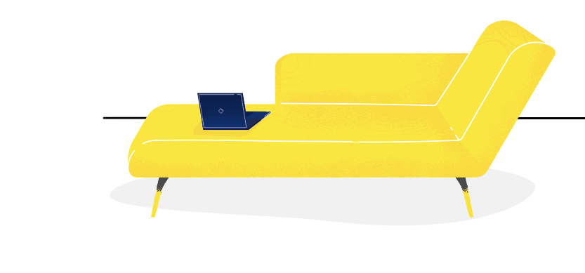 Illustration einer Couch, auf der ein aufgeklappter Laptop liegt
