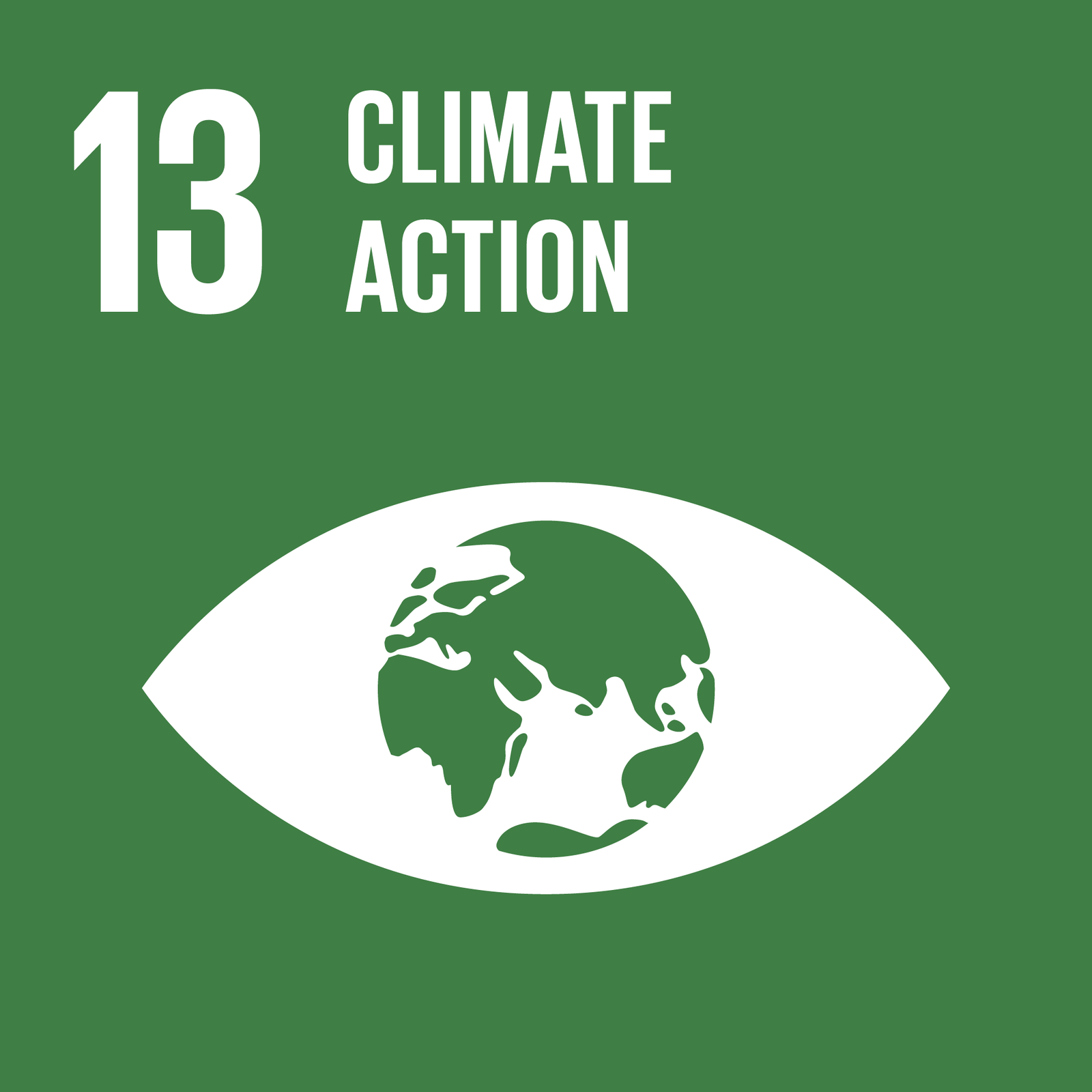 Icon des Nachhaltigkeitsziels 13 „Maßnahmen zum Klimaschutz“: Auf grünem Hintergrund sind die Zahl 13, der englische Titel „Climate Action“ sowie ein stilisiertes Auge mit einer Weltkugel als Iris zu sehen.