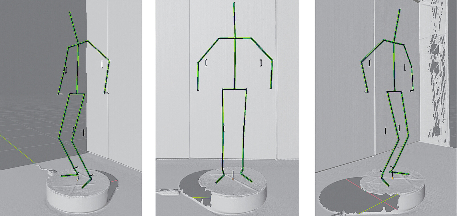 Drei weitere Aufnahmen des digitalen Skeletts, diesmal im virtuellen Raum auf einem Drehteller und in verschiedenen Posen und aus verschiedenen Perspektiven.