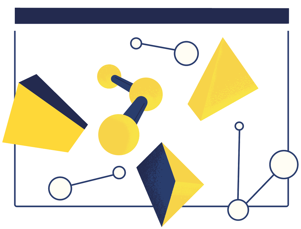 Illustration eines Browserfensters, in dem verschiedene zwei- und dreidimensionale Objekte zu sehen sind, die zum Teil auch über den Rand hinausragen.