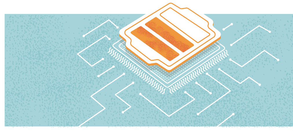 Illustration eines Batteriesymbols auf einem Mikrochip, dazu ein Logo, das für die Sicherheitslücke Meltdown steht (Wappen, das zu schmelzen scheint).