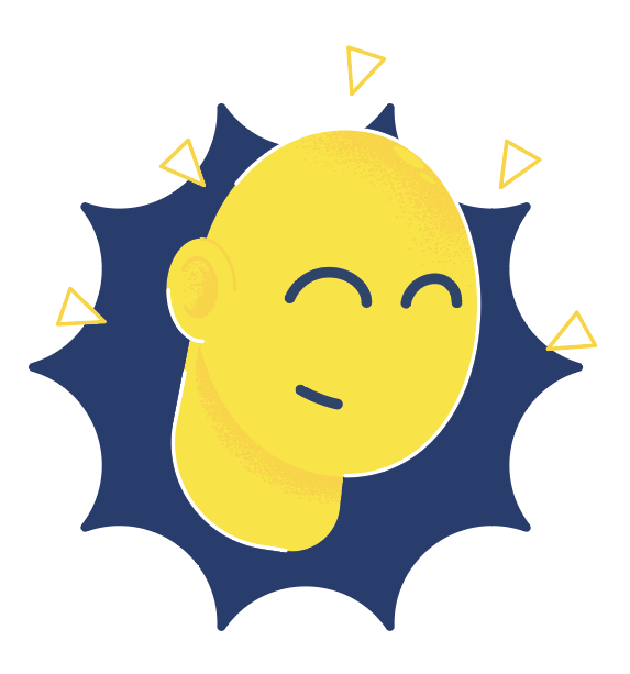 Illustration eines digitalen Avatars, der glücklich dreinschaut und auf den kleine gelbe Pfeile deuten.