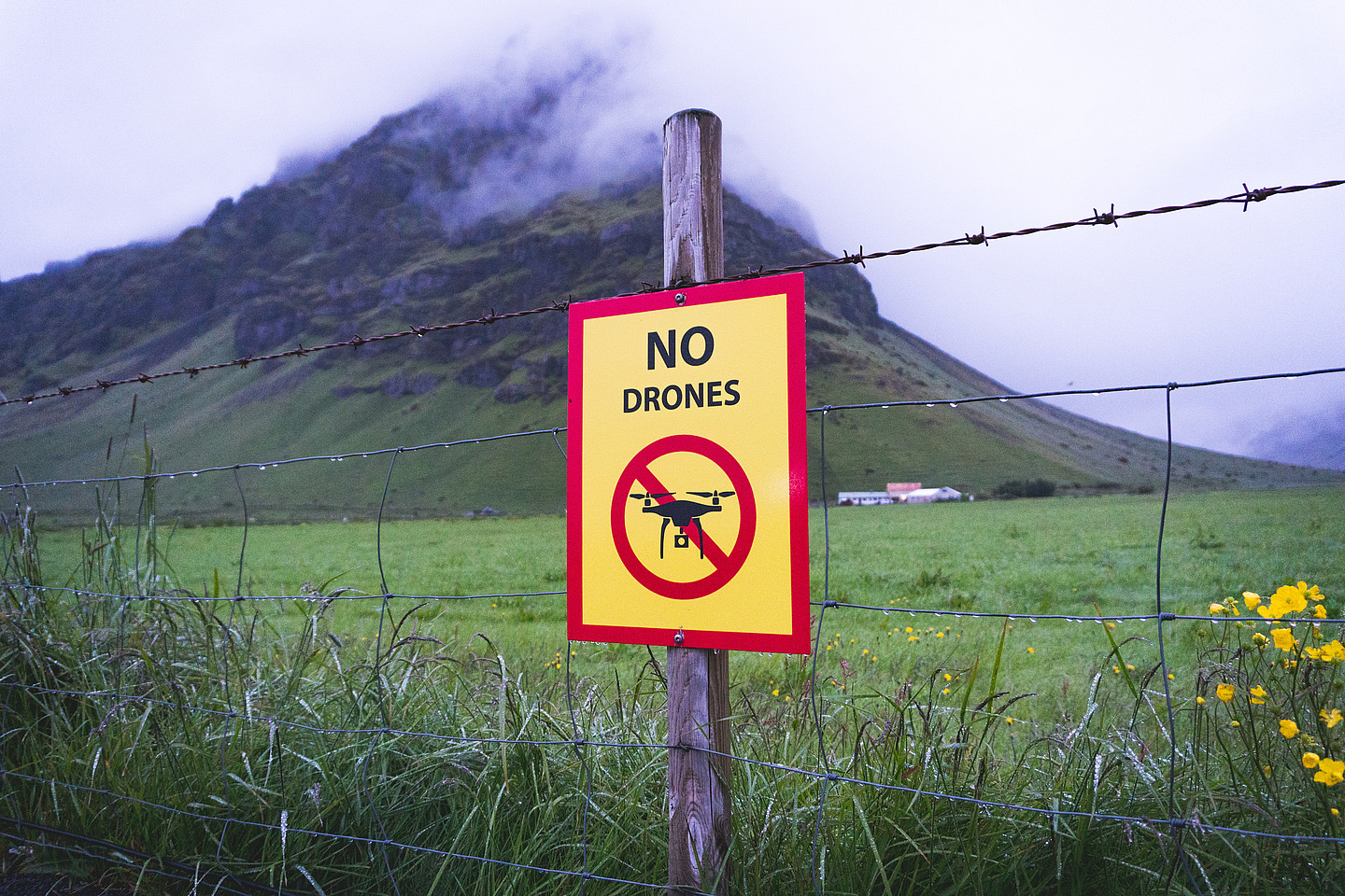 Ein Stacheldrahtzaun mit einem Verbotsschild: No dronesM