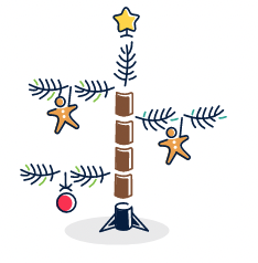 Illustration eines Weihnachtsbaums, der aus verschiedenen Komponenten besteht: Stamm-Stücke, Deko, Zweige und Ständer